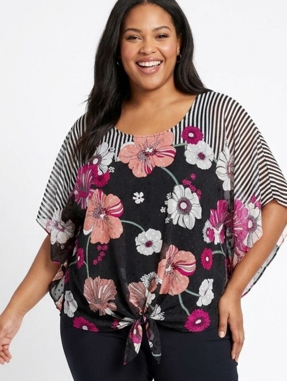 ALYX Plus Size Floral Tie-Front Mesh Top in Black & Pink
